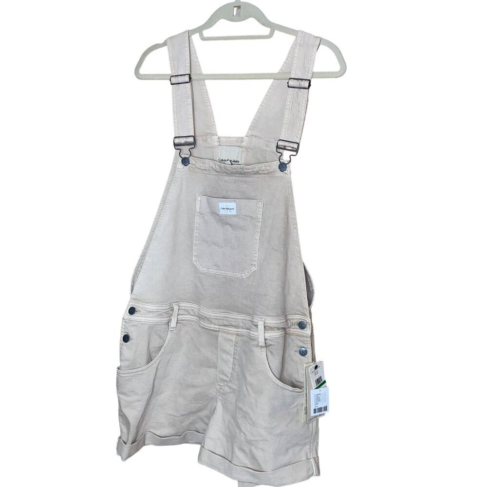 Calvin Klein Womens Overalls Vest Set Beige Size Large Cuffed Shorts Bib Y2K - Picture 3 of 15